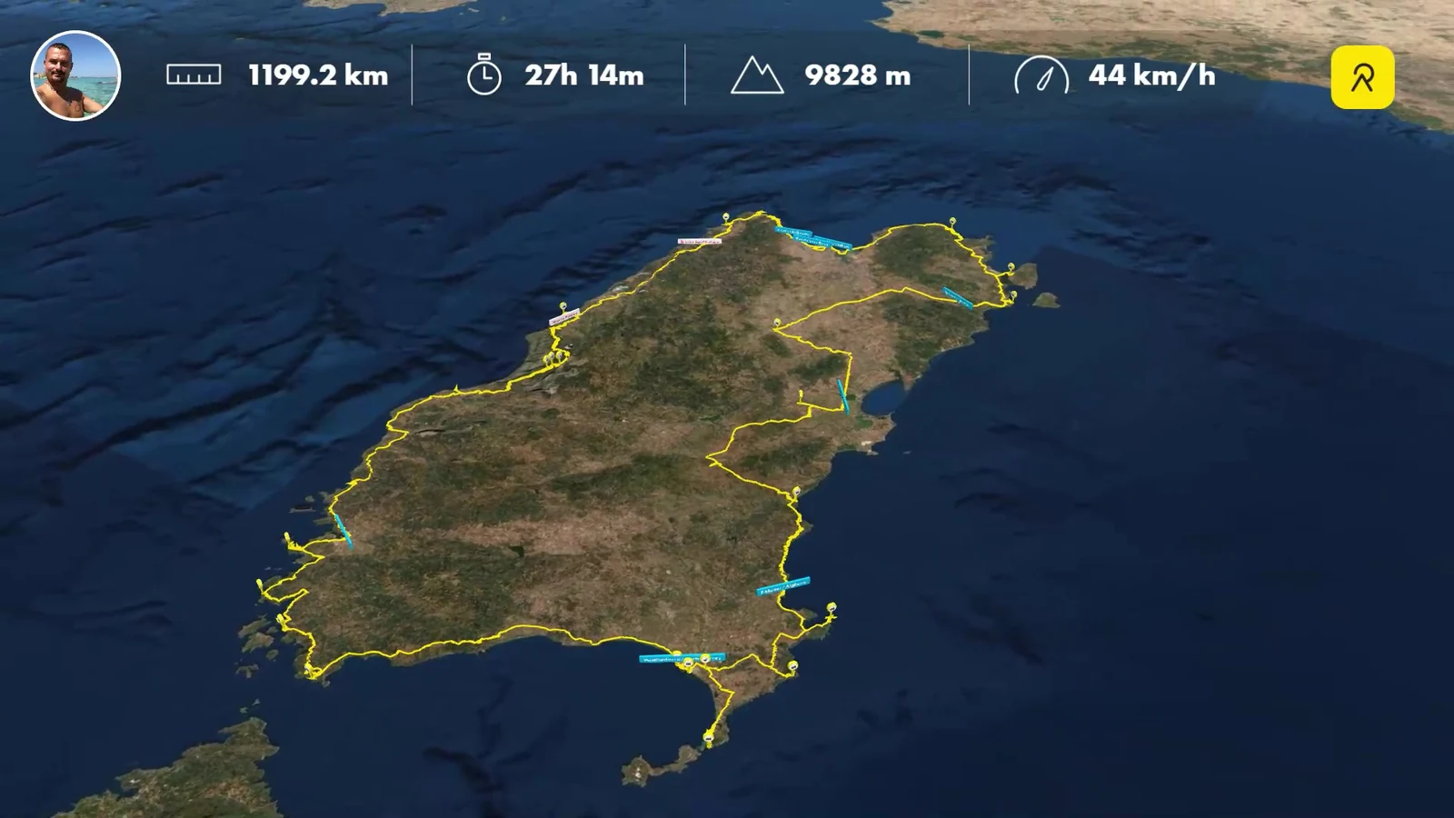 Mappa Relive del giro della Sardegna con distanza, tempo, dislivello e velocità media