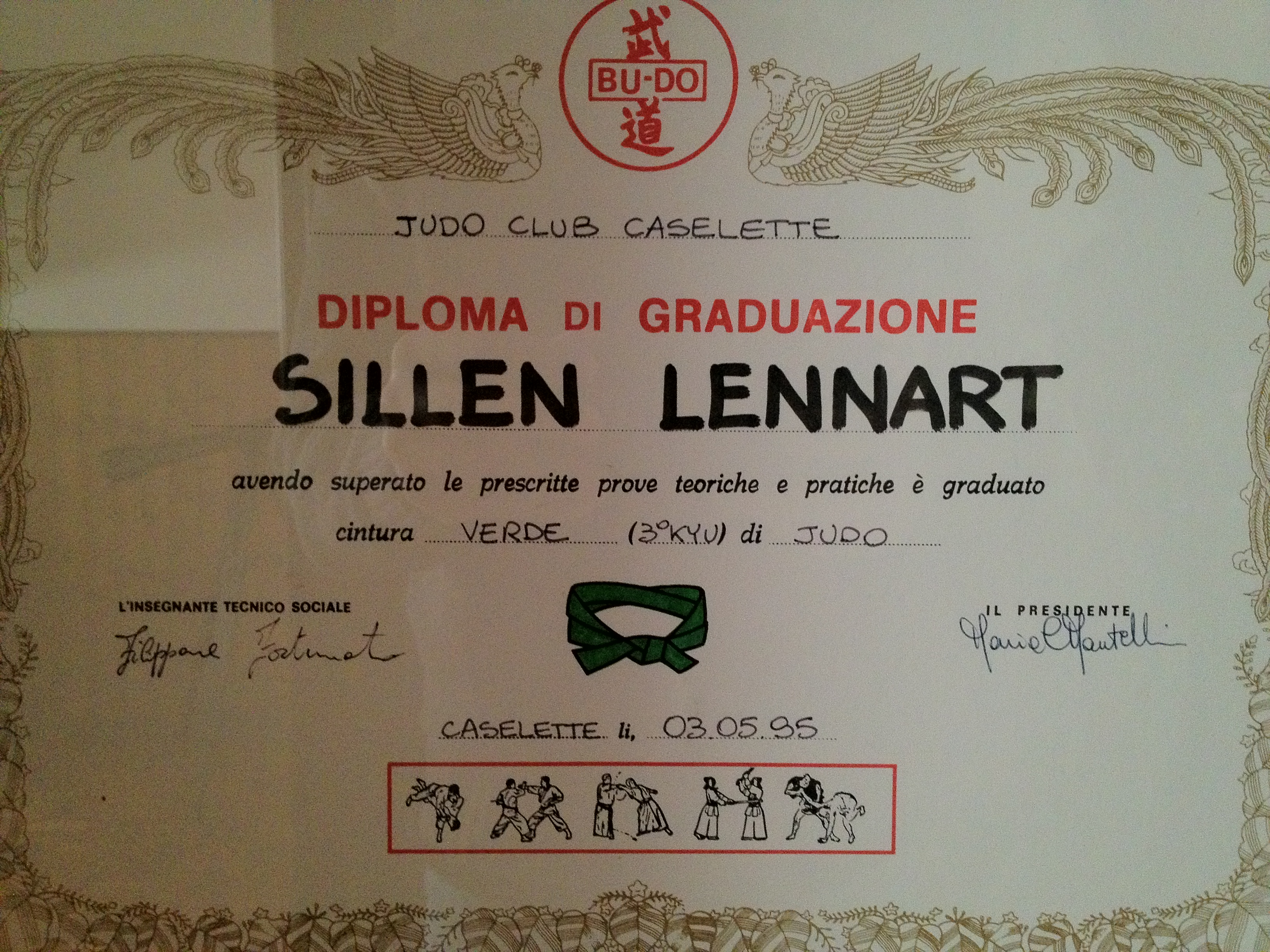 Certificato di cintura verde di judo intestato a Sillen Lennart